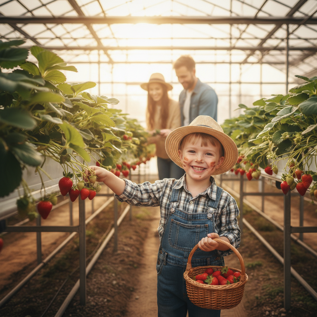 딸기 따기 체험을 하는 아이들