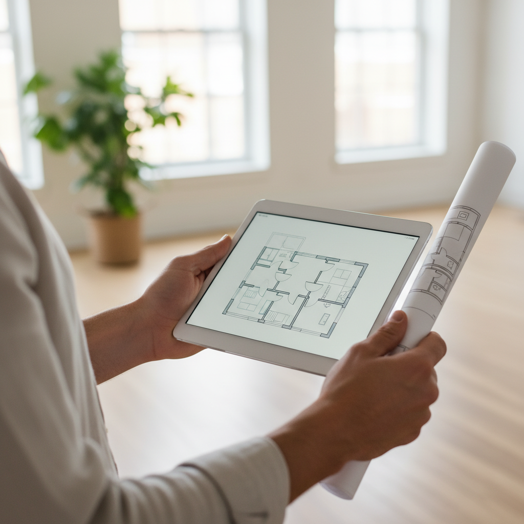 스마트폰과 도면을 확인하는 모습