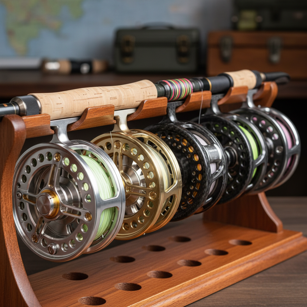 다양한 낚시 릴과 낚싯대가 전시된 모습