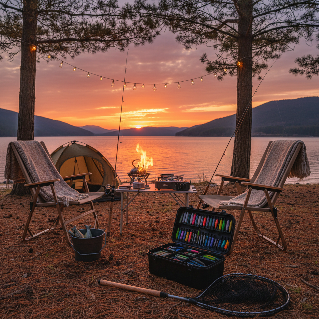 캠핑과 낚시가 결합된 장비 전시