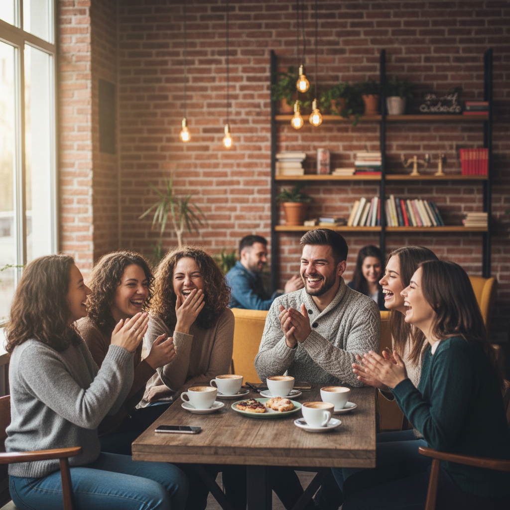 카페에서 사람들이 웃고 떠드는 모습