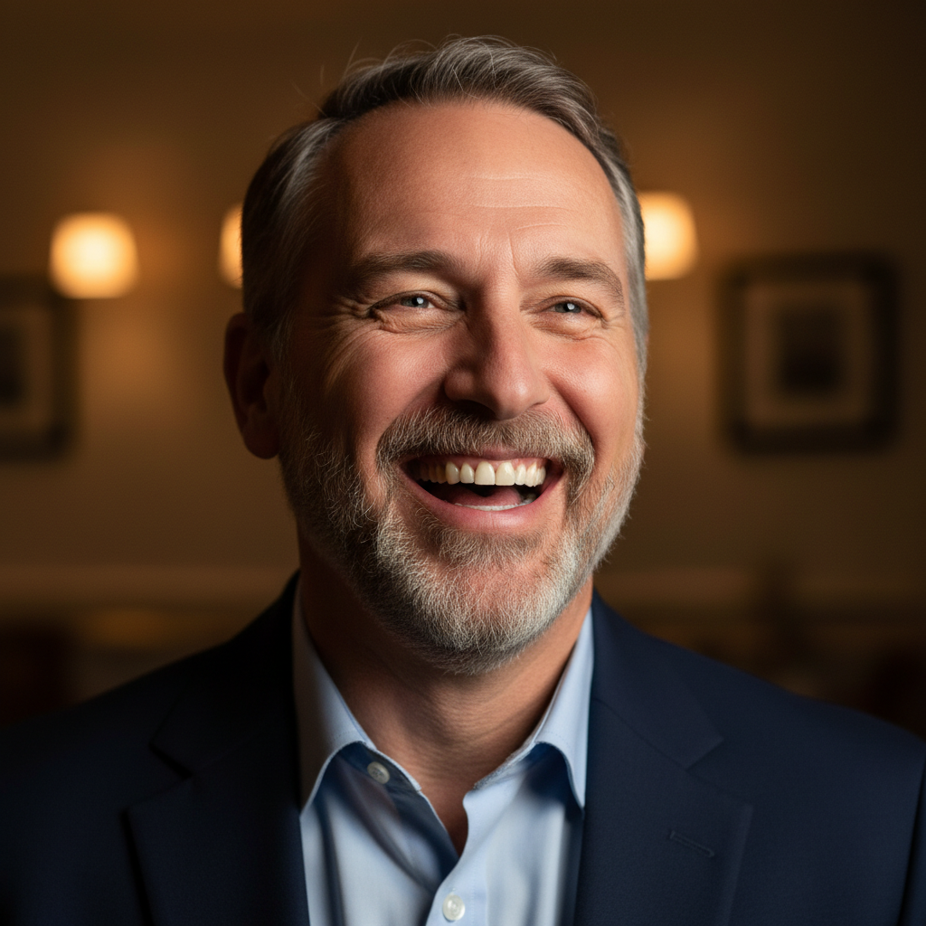 유쾌하게 웃고 있는 중년 남성의 표정