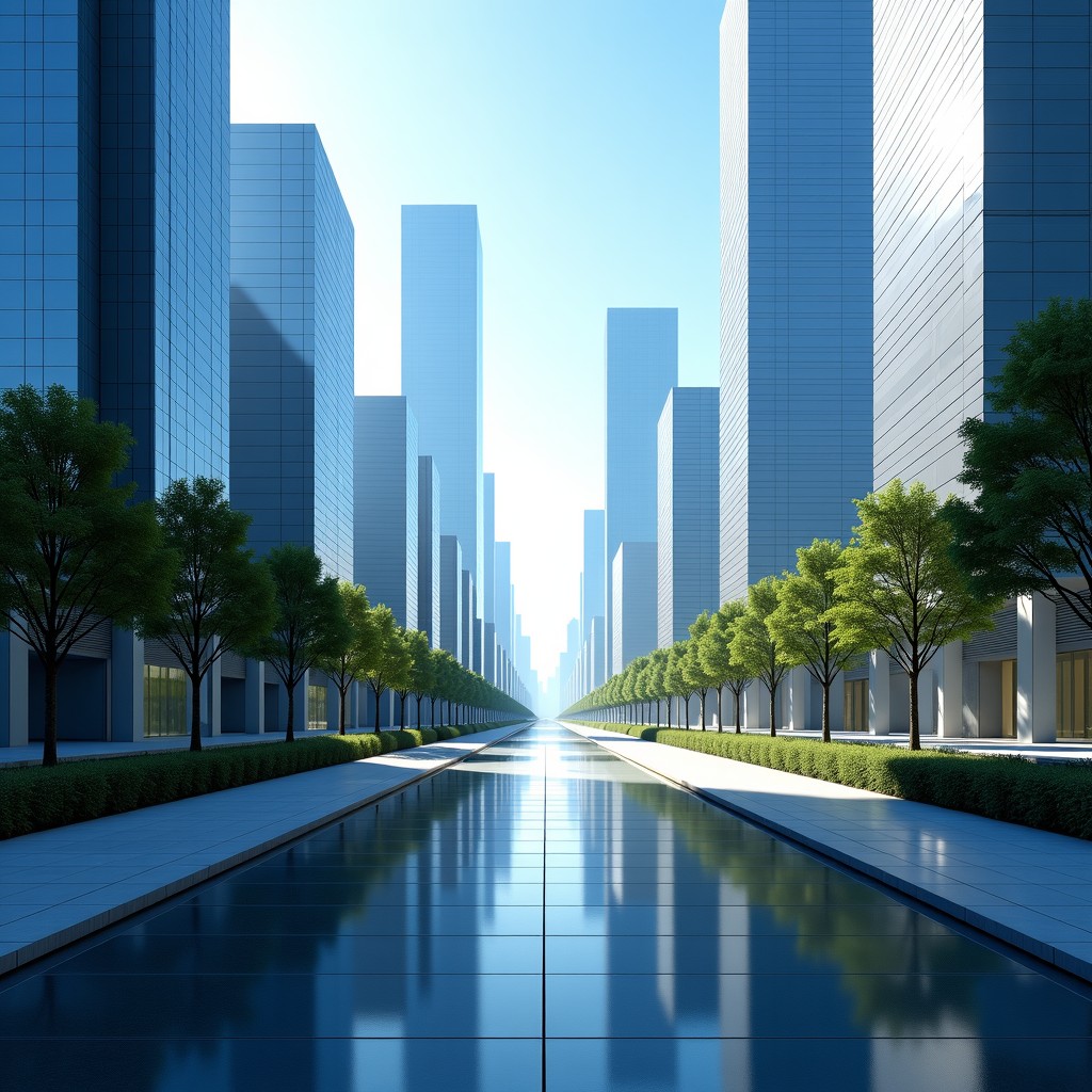 A panoramic shot of a modern city integrated with high-tech digital elements bright daylight realistic 4:3