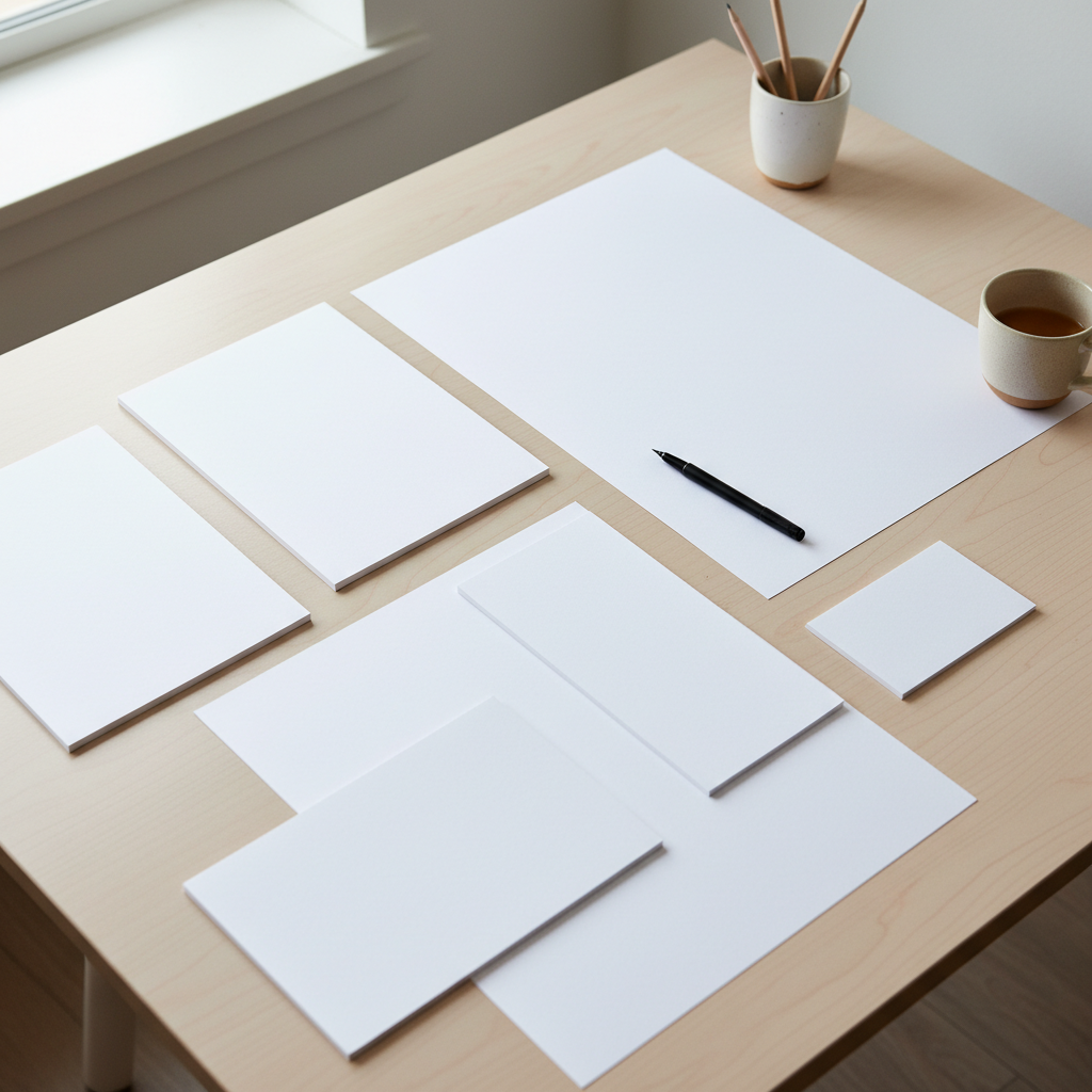 다양한 크기의 종이가 정돈된 작업실 책상