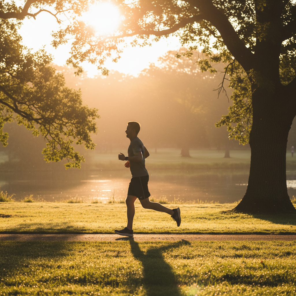 아침 햇살 아래 달리는 러너의 모습
