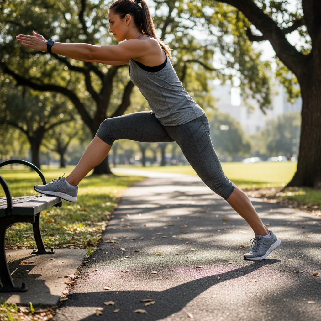 달리기 전 스트레칭하는 사람