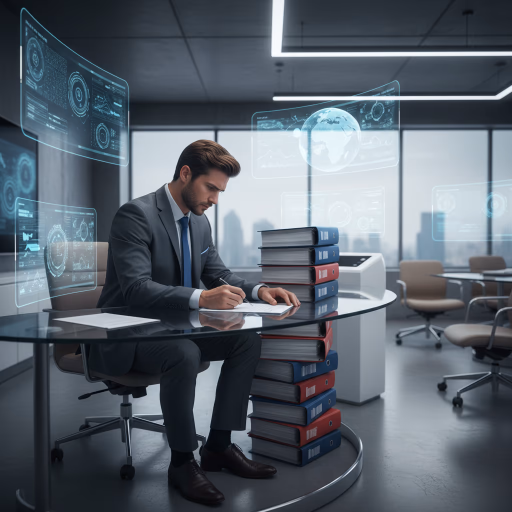 서류 더미를 들고 고민하는 비즈니스맨