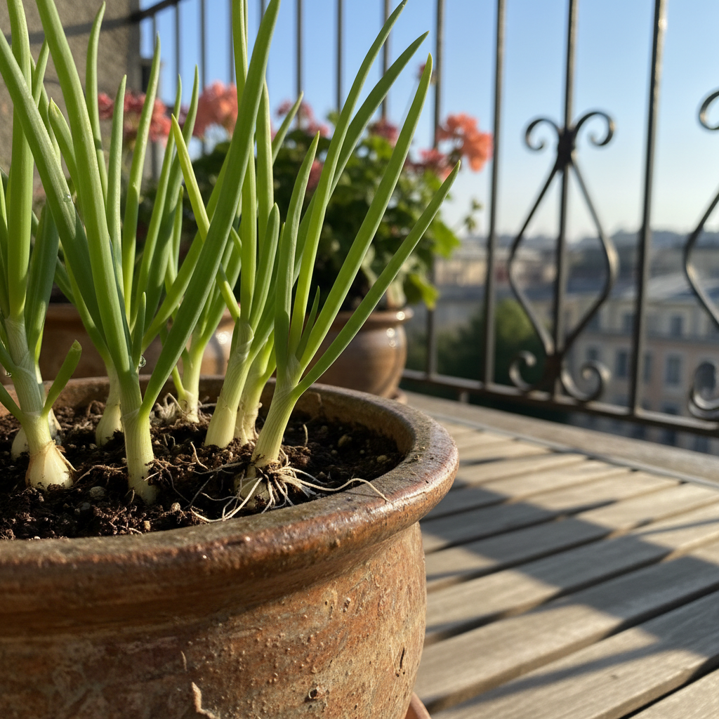 베란다에서 자라고 있는 대파 화분
