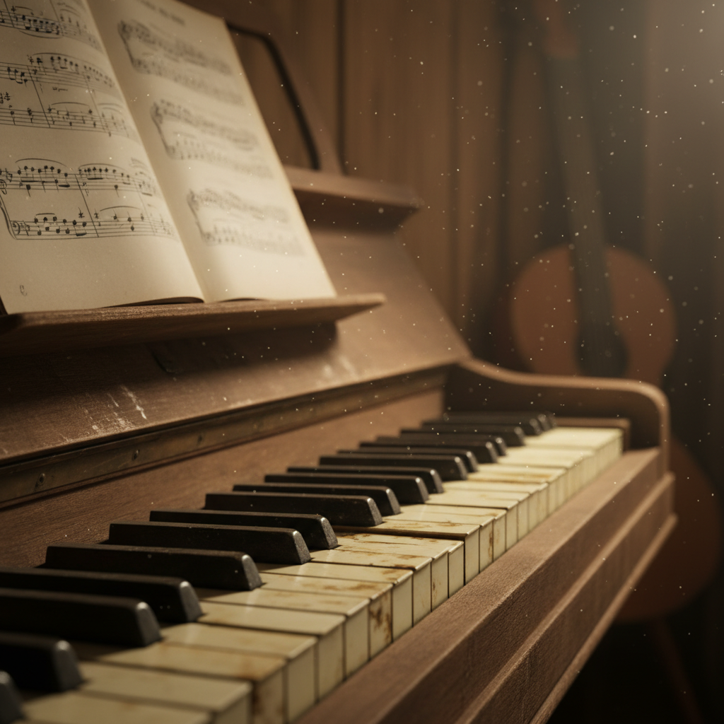 어두운 배경 속 조명 아래의 악기