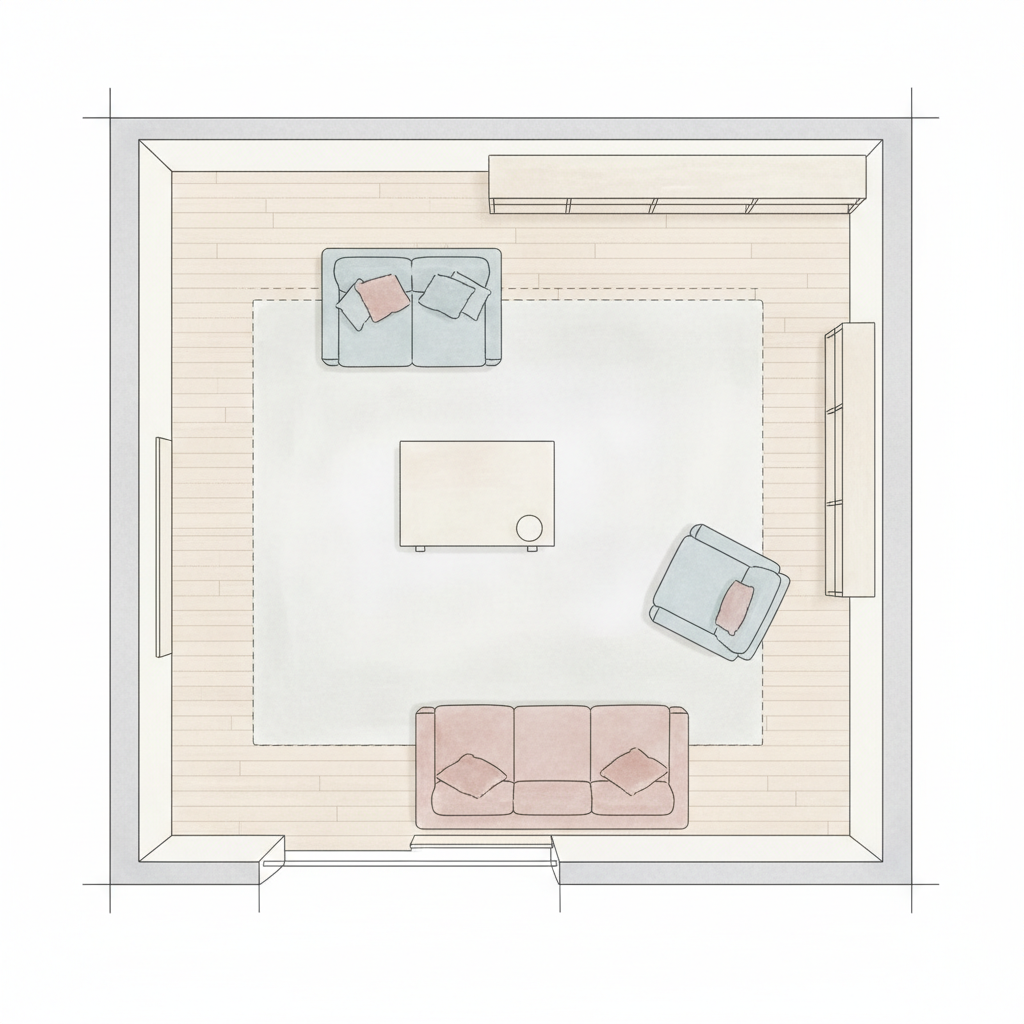 거실에 쇼파를 배치한 평면 구조