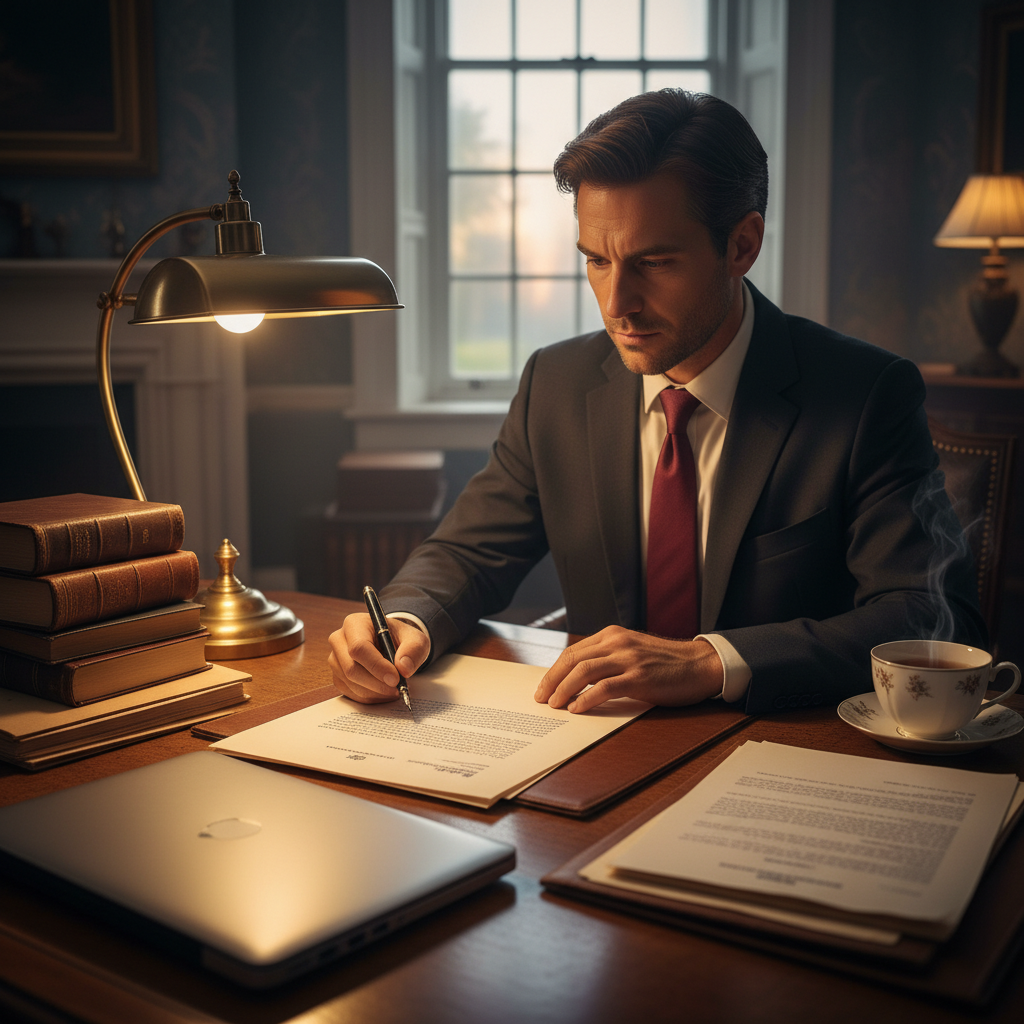 법정의 엄숙한 분위기와 문서를 작성하는 모습