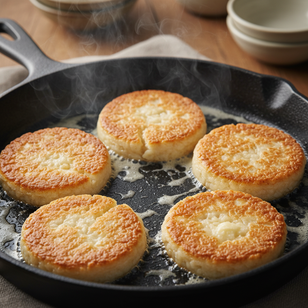 프라이팬에서 구워지는 버터떡