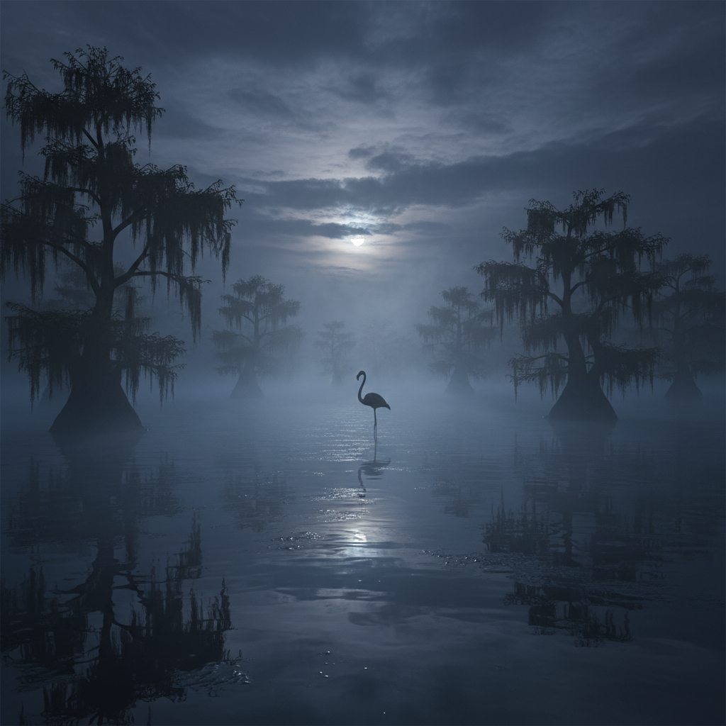 붉은 홍학이 그려진 미스터리한 분위기의 책 표지