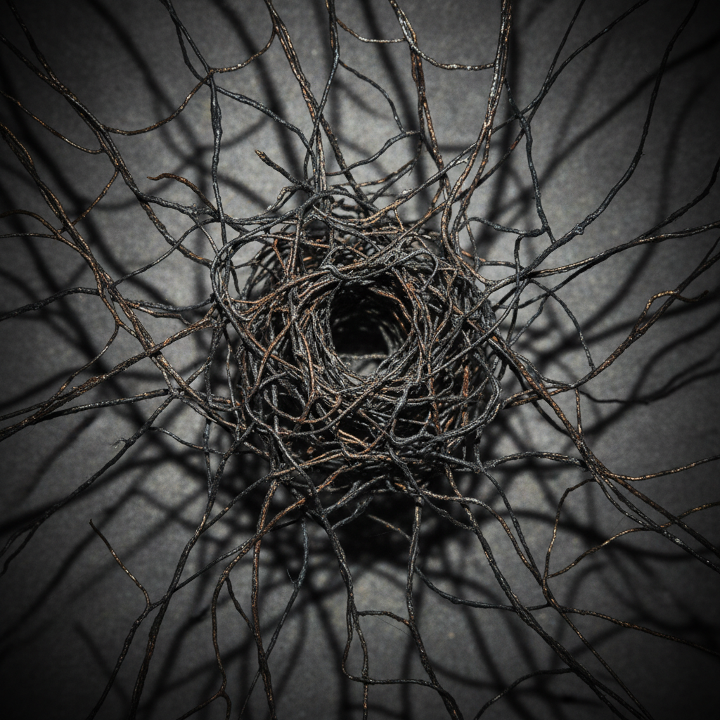 복잡하게 얽힌 실타래와 어두운 그림자