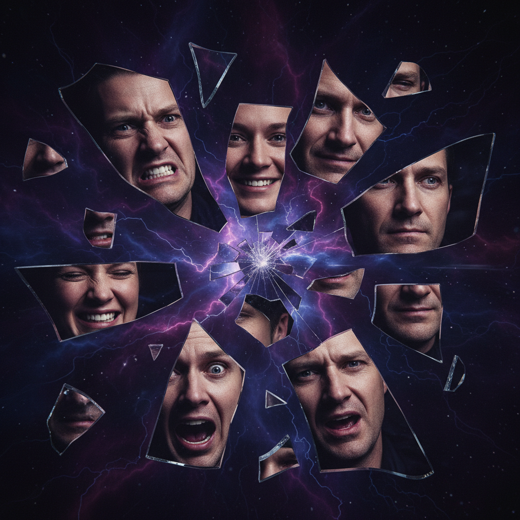 부서진 거울 조각에 비친 파편화된 인간의 모습