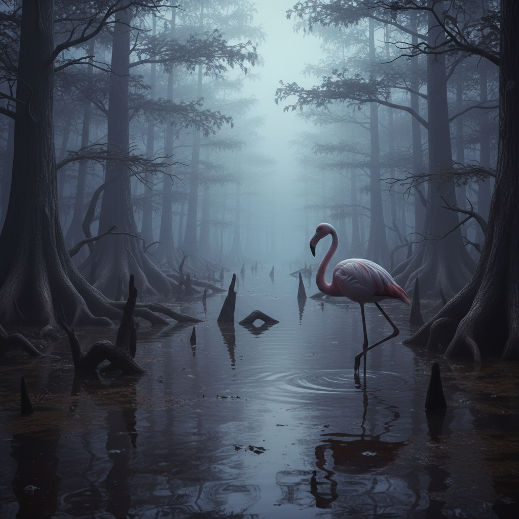 늪지대에 서 있는 쓸쓸하고 외로운 홍학 한 마리