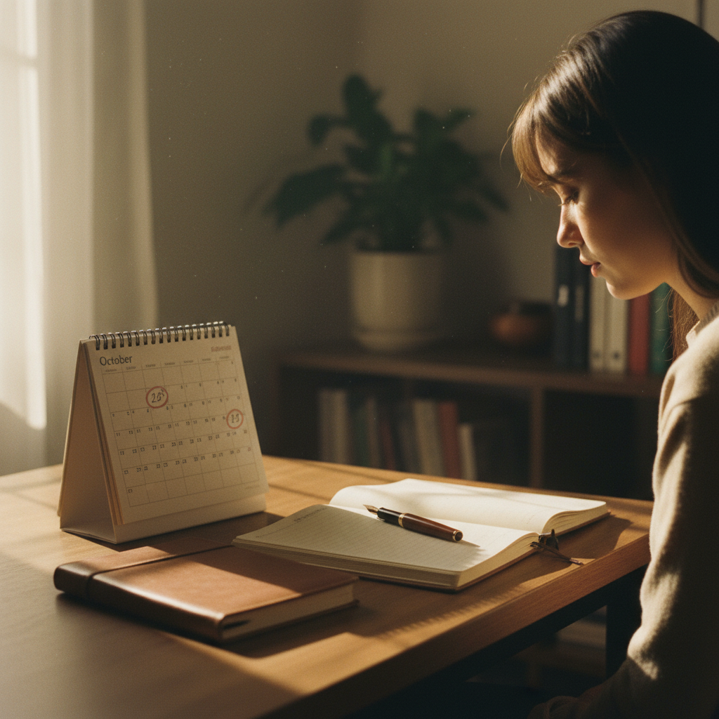 차분하게 달력을 확인하며 시간을 계획하는 모습