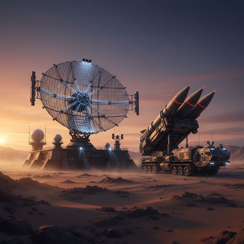 첨단 유도무기 체계의 레이더와 발사대 모습