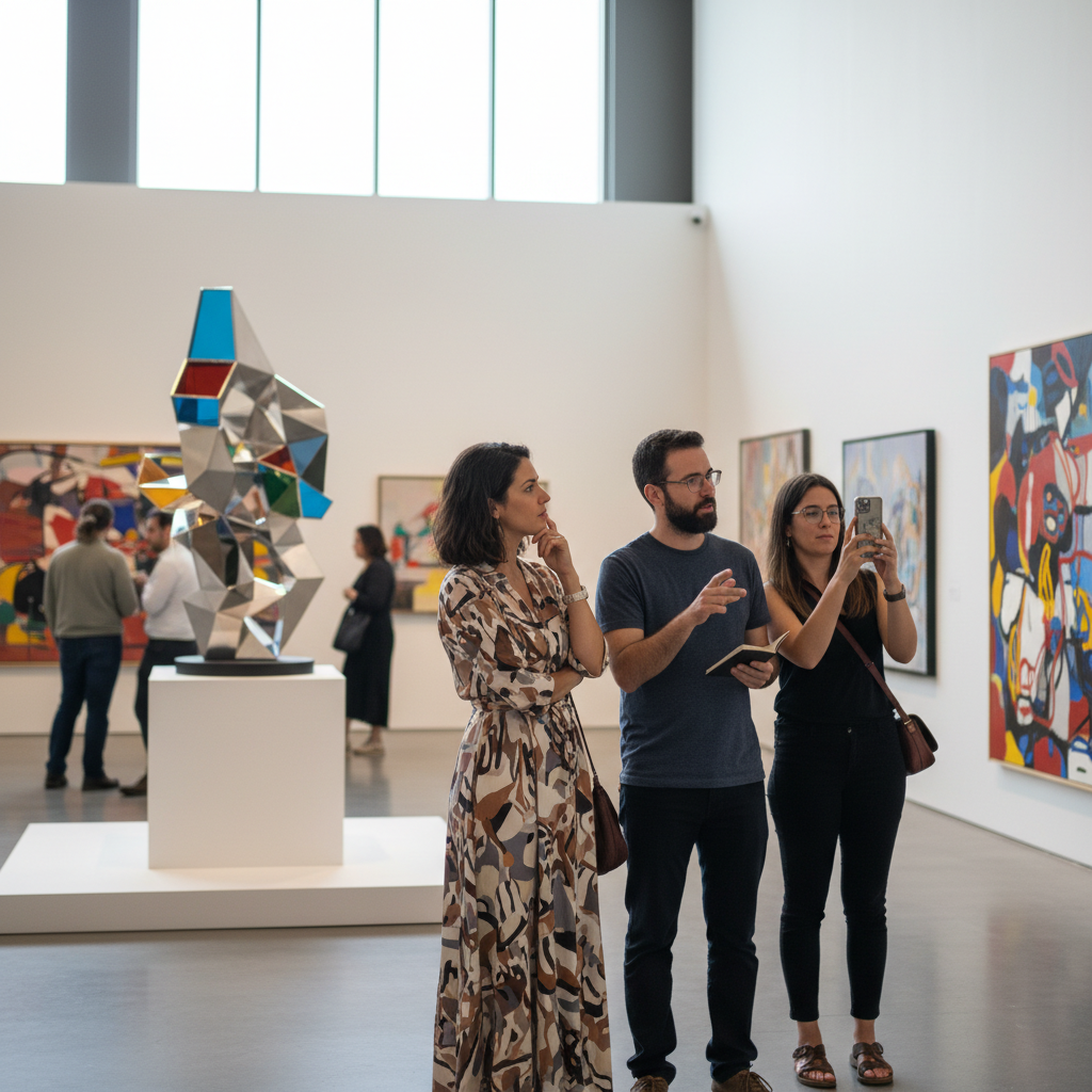 세련된 전시 포스터와 사람들