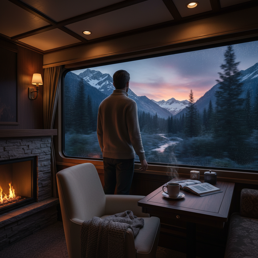 달리는 기차 안에서 창밖 풍경을 바라보는 여유로운 모습