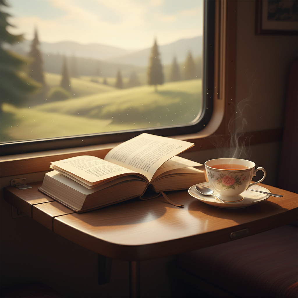 기차 테이블 위에 놓인 책과 차 한 잔