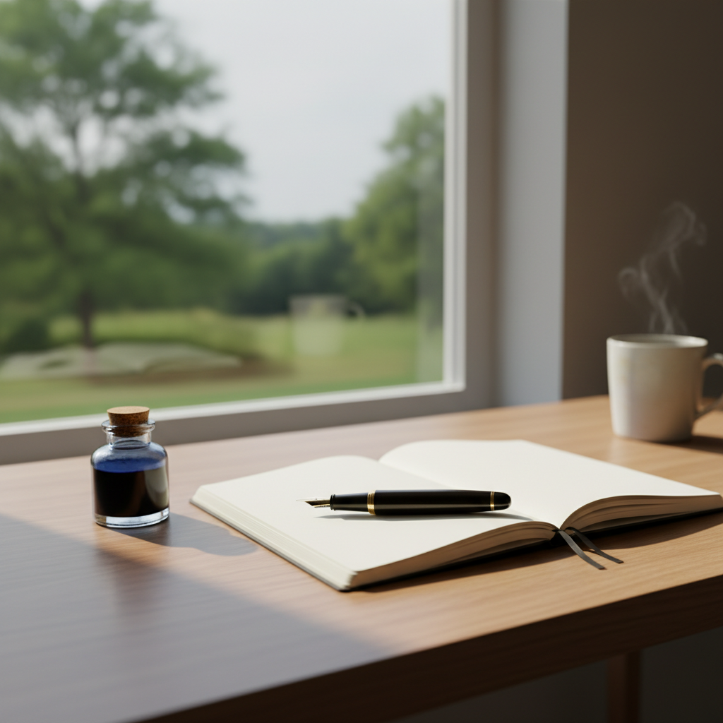 창가에 놓인 펜과 노트