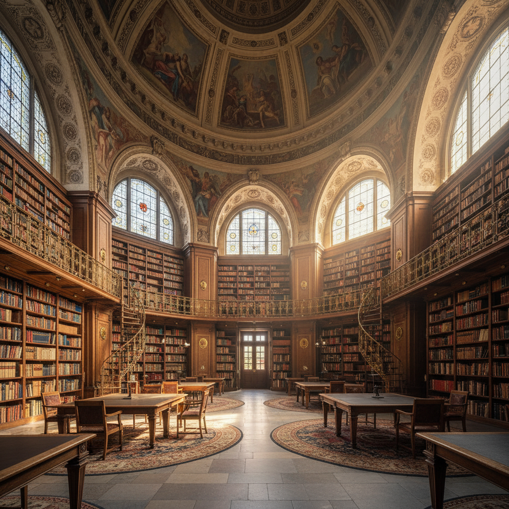 빛이 들어오는 고풍스러운 도서관