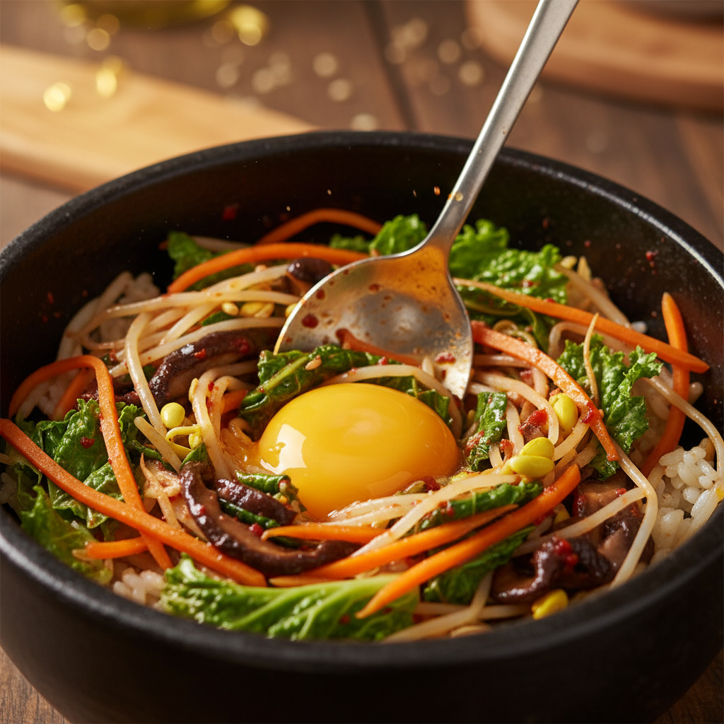 숟가락으로 비비기 직전의 비빔밥