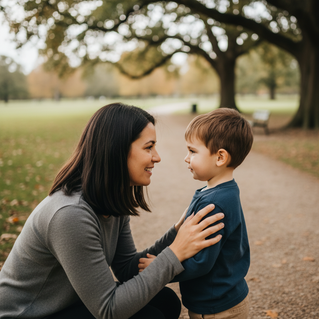 아이의 눈을 맞추며 대화하는 모습