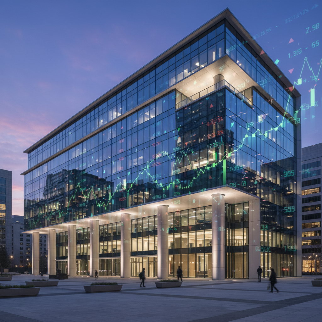 현대적인 오피스 빌딩과 주식 차트가 어우러진 비즈니스 이미지
