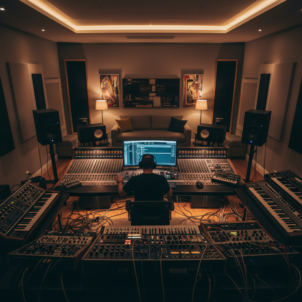 녹음실에서 작업 중인 아티스트
