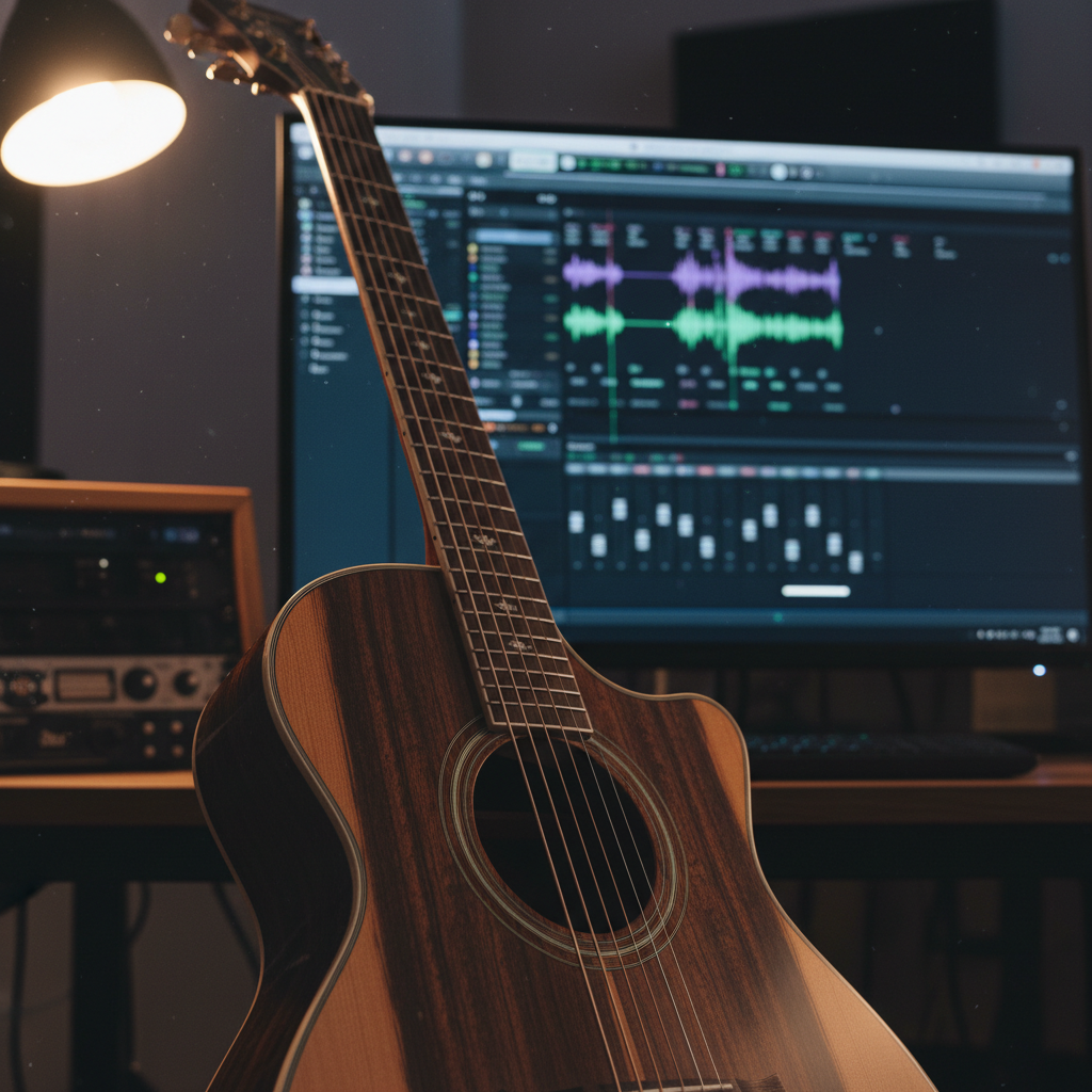 어쿠스틱 기타와 디지털 장비가 섞인 작업실