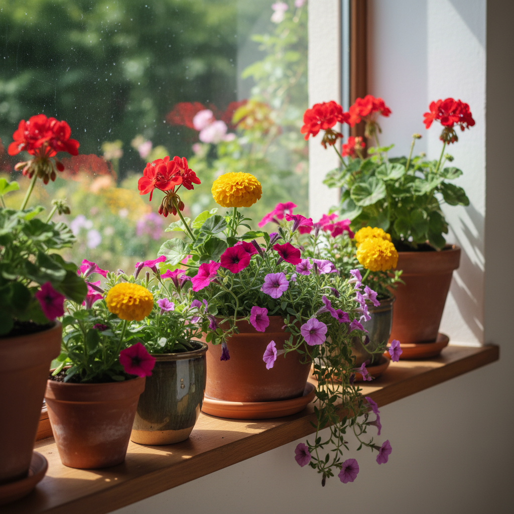 햇살이 잘 드는 창가에 놓인 다채로운 꽃 화분들