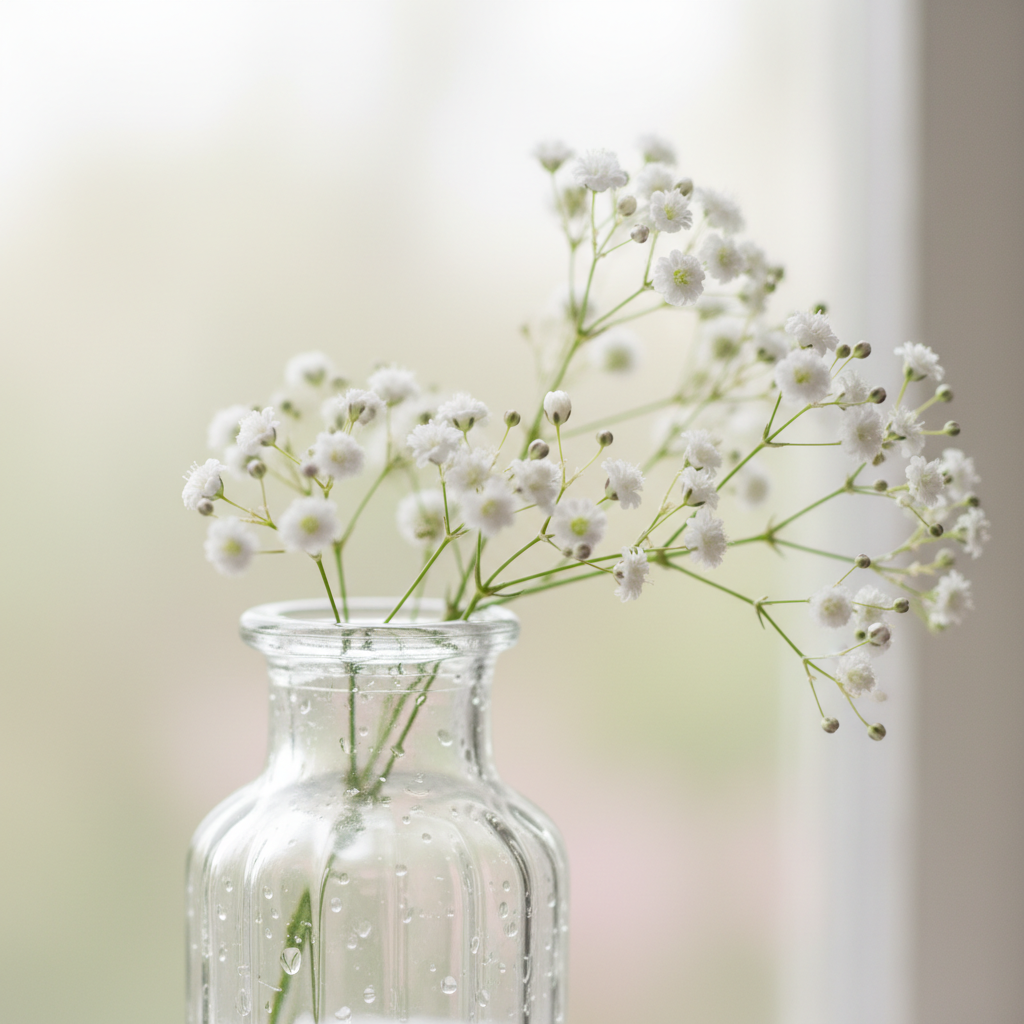 투명한 유리병에 담긴 싱그러운 안개꽃