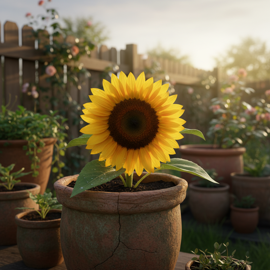 노란 해바라기가 가득한 화분
