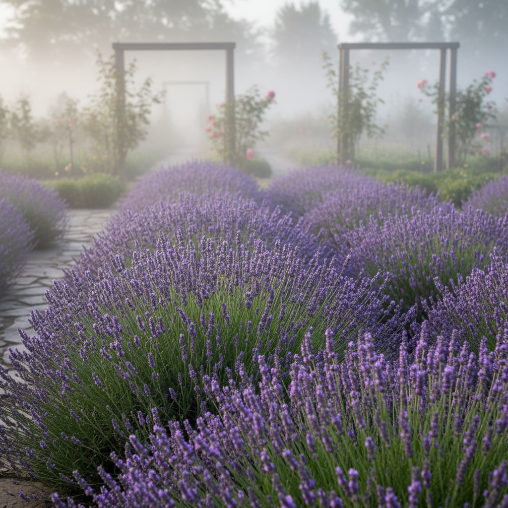 정원 한가운데 놓인 라벤더 화분