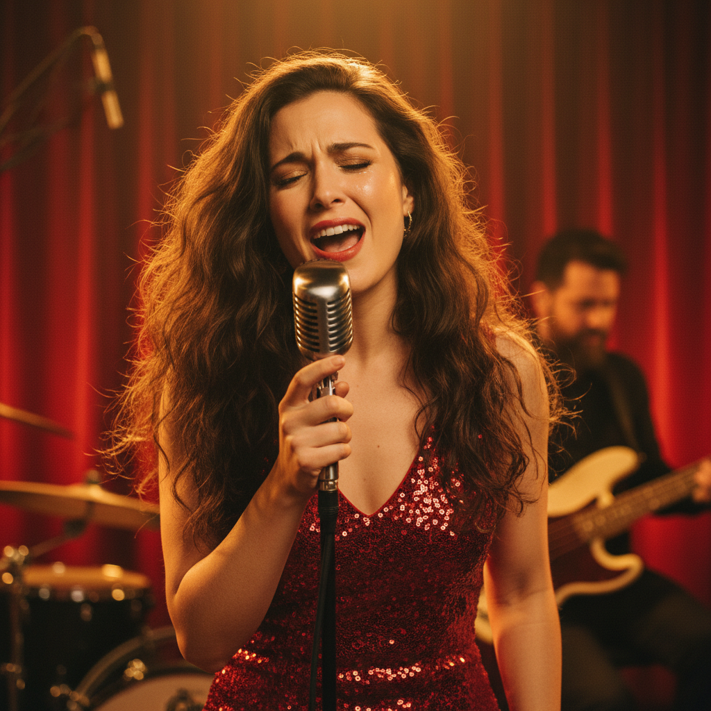 열정적으로 노래하는 가수의 모습