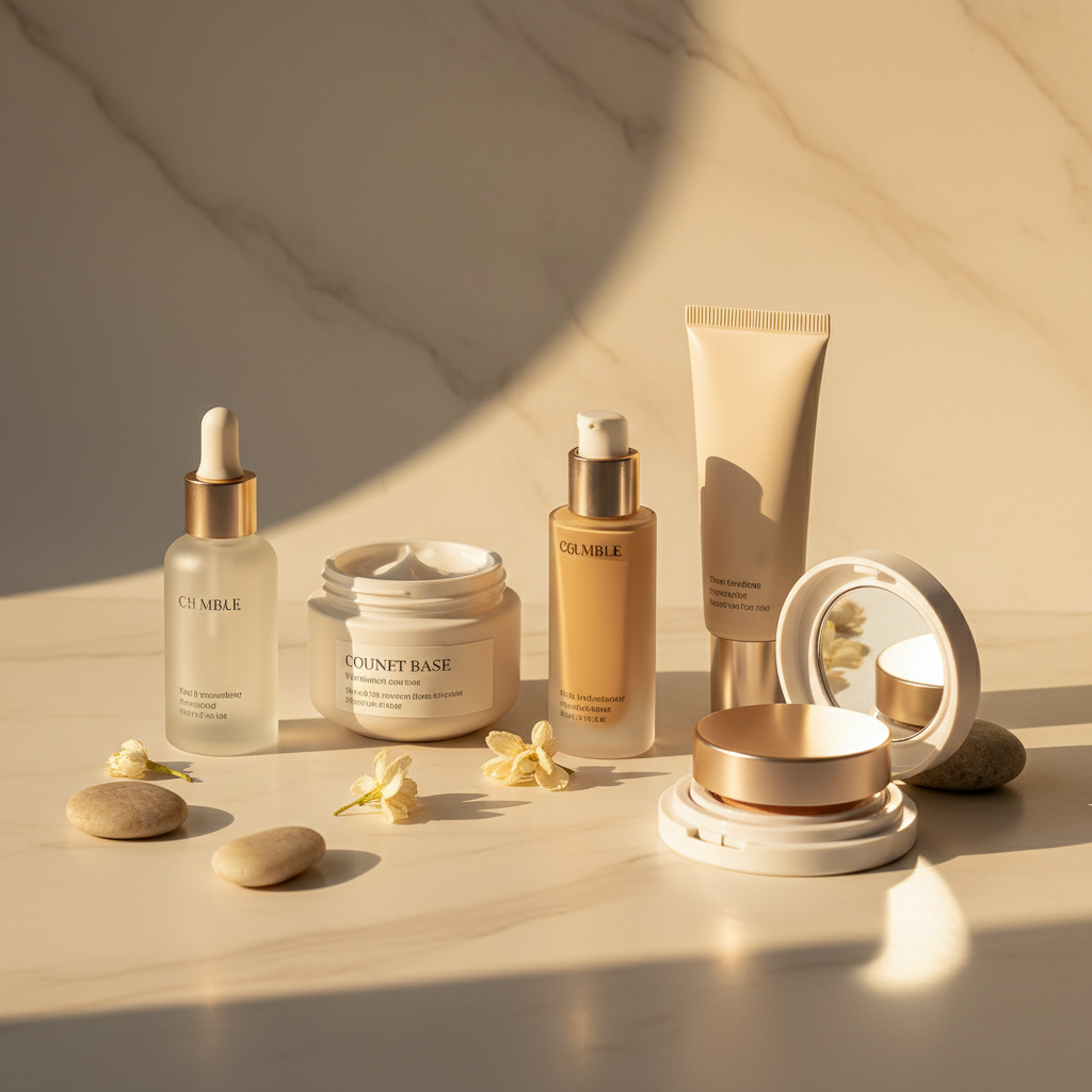 자연스러운 피부 메이크업 도구와 기초 제품