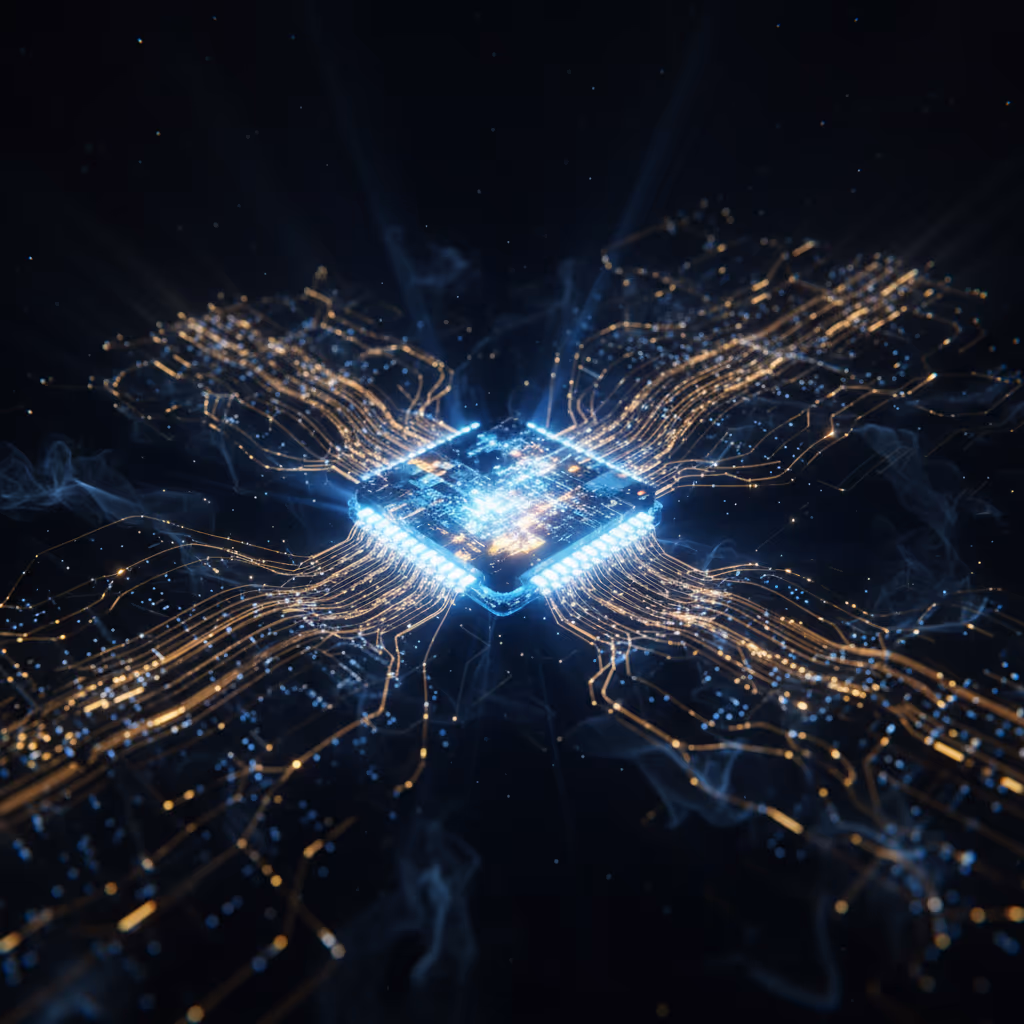 강력한 프로세서를 상징하는 추상적인 디지털 회로 그래픽