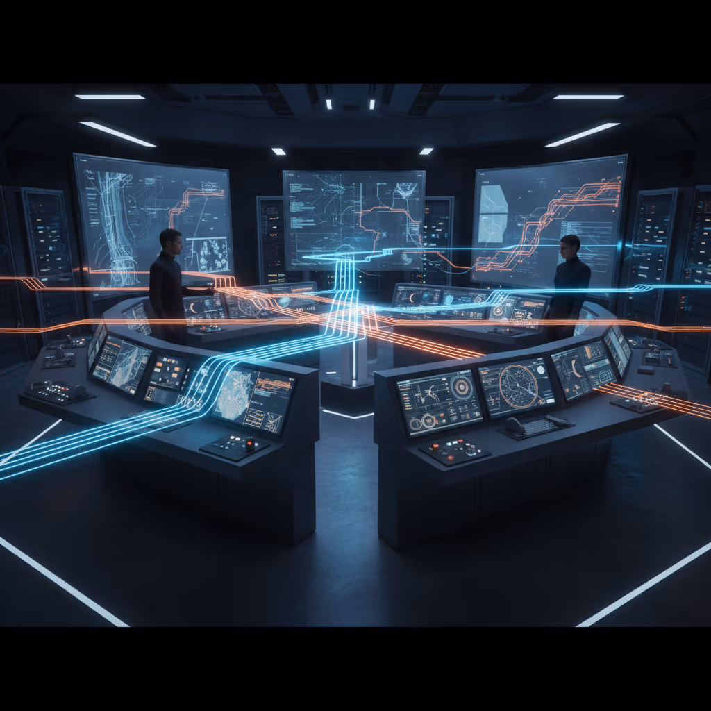 복잡한 데이터 네트워크와 군사적 관제 시스템이 교차하는 모습