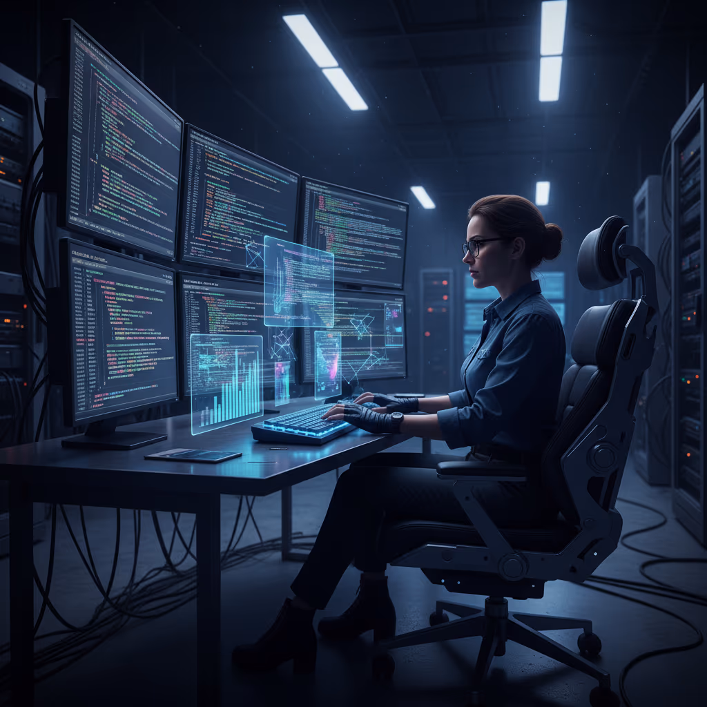 복잡한 문서와 디지털 화면 앞에서 고민하는 엔지니어의 모습