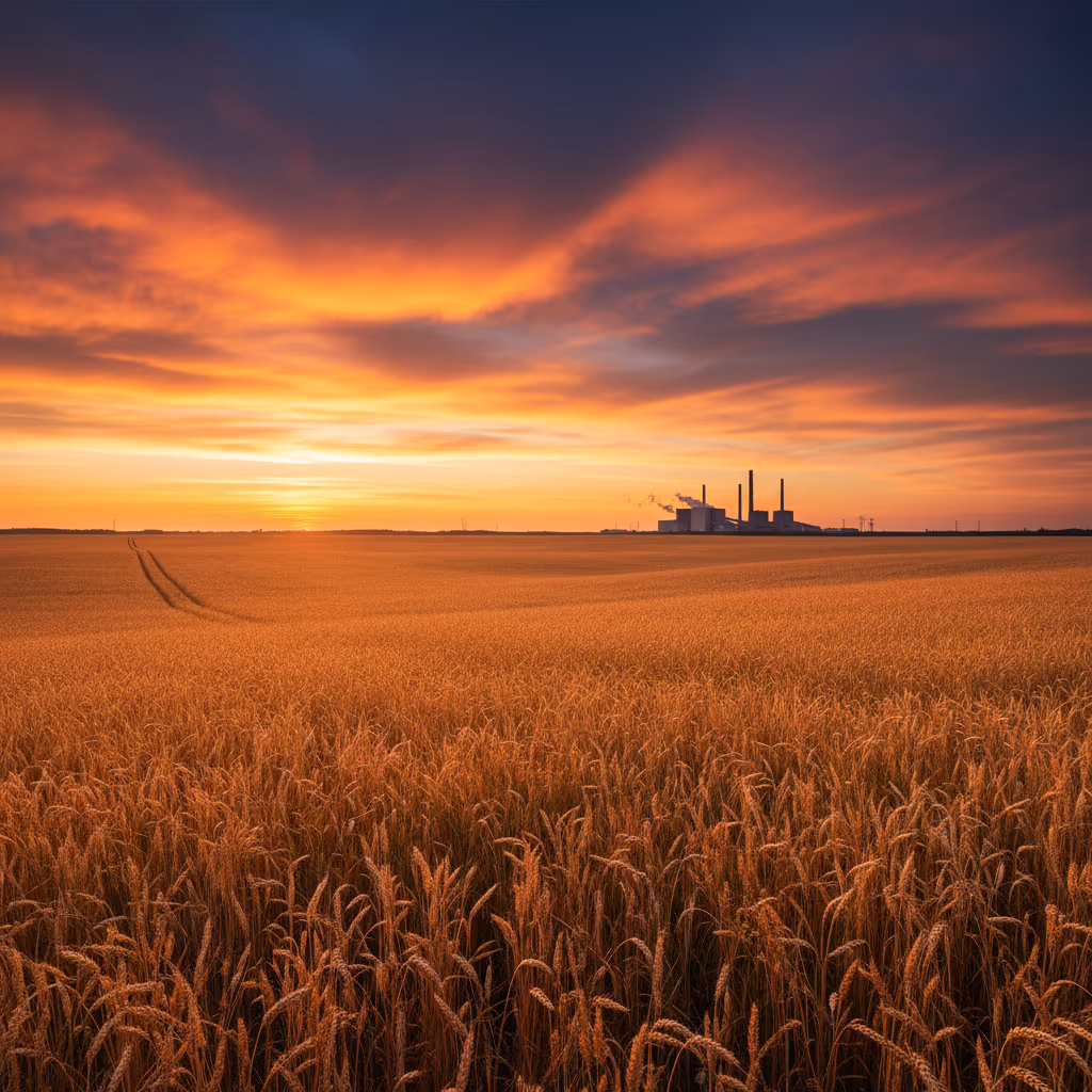 넓게 펼쳐진 평화로운 농경지와 대비되는 현대적인 데이터센터의 실루엣