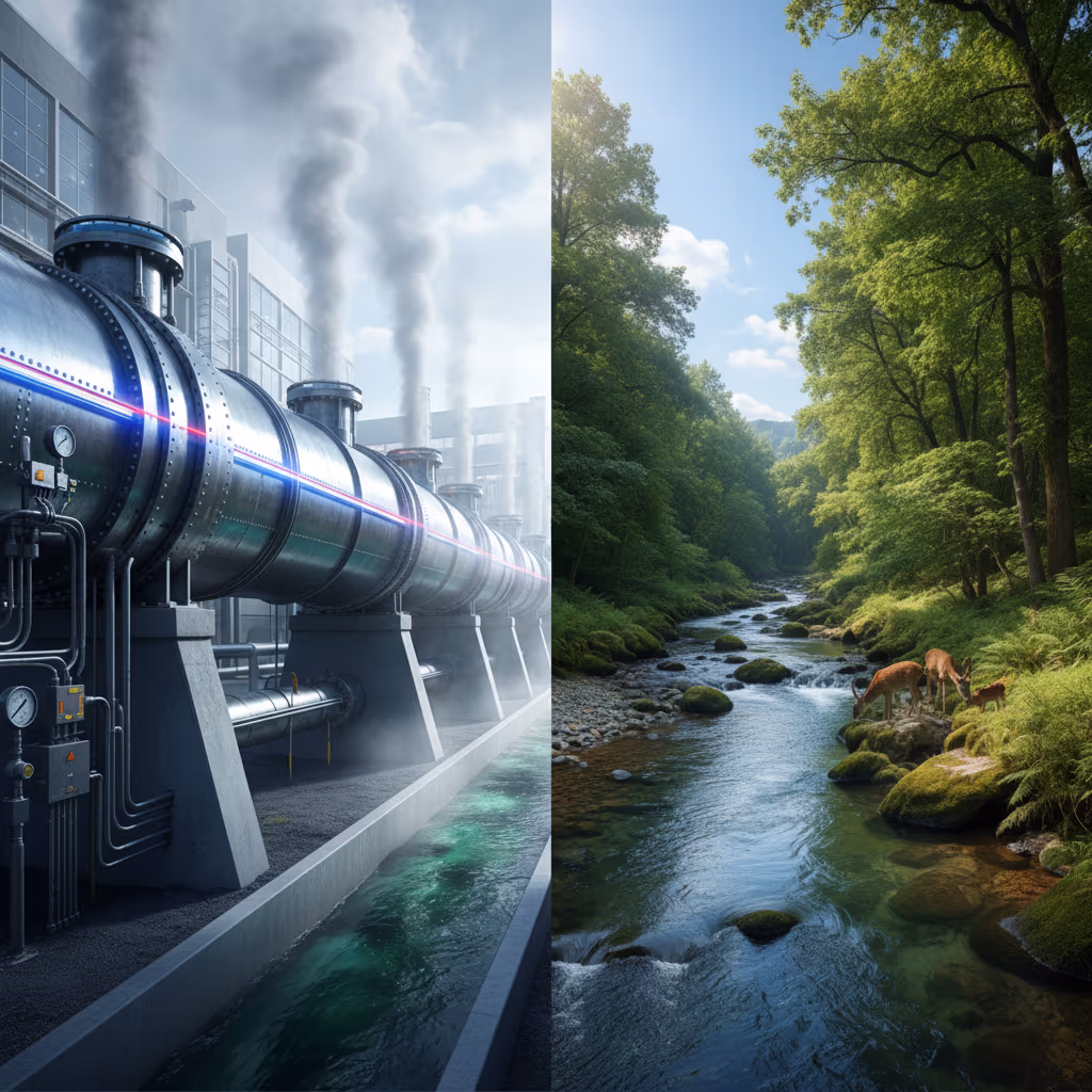 데이터센터 냉각 설비와 농업용 수로를 상징하는 시각적 대비