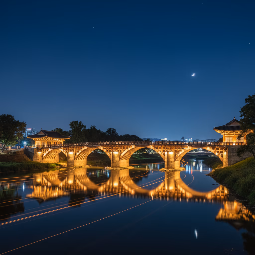 조명이 켜진 화려한 월정교