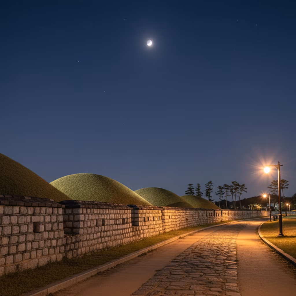 밤의 고요한 대릉원 돌담길