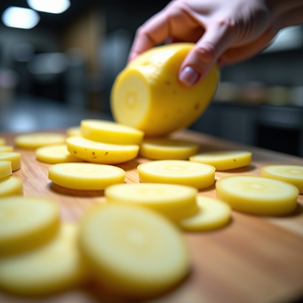 감자를 얇게 슬라이스하는 과정