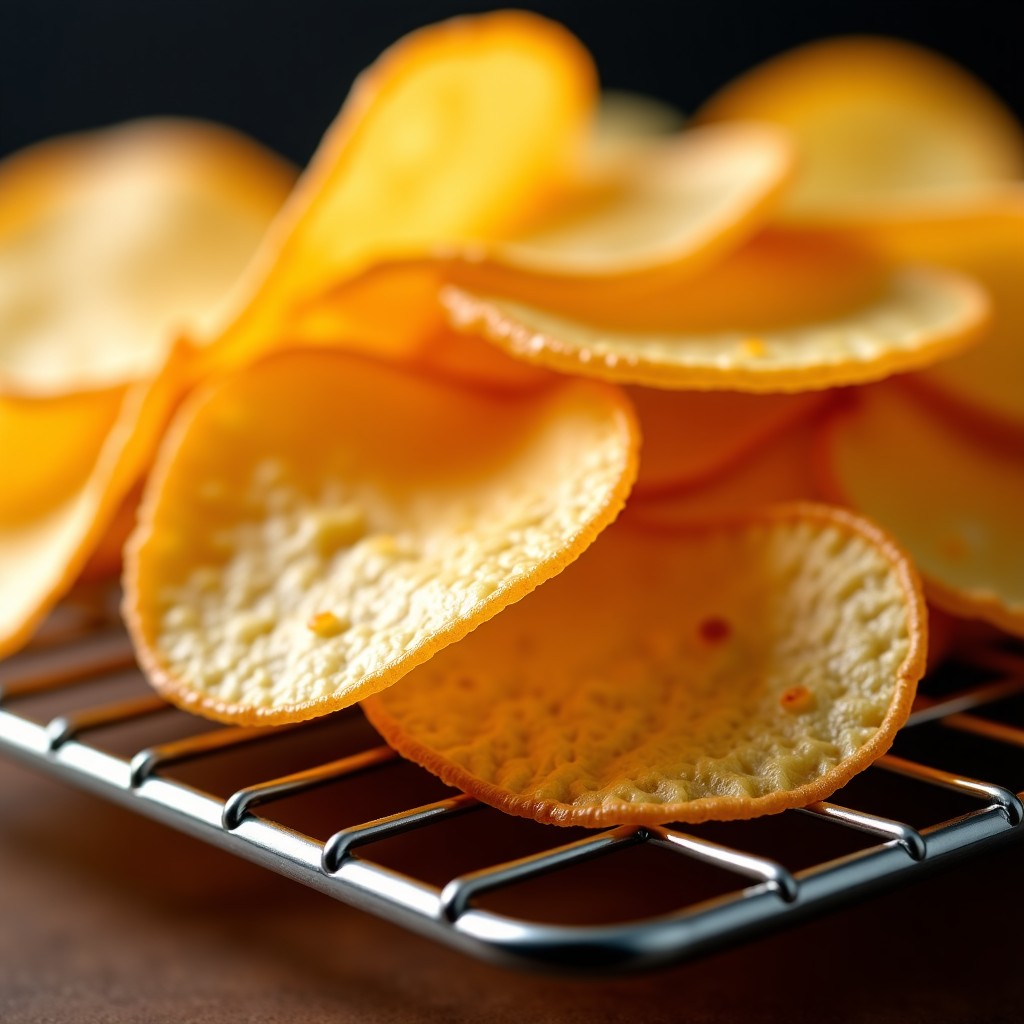 Close up of golden brown potato chips on a metal drying rack, warm lighting, appetizing texture, macro photography, 4:3