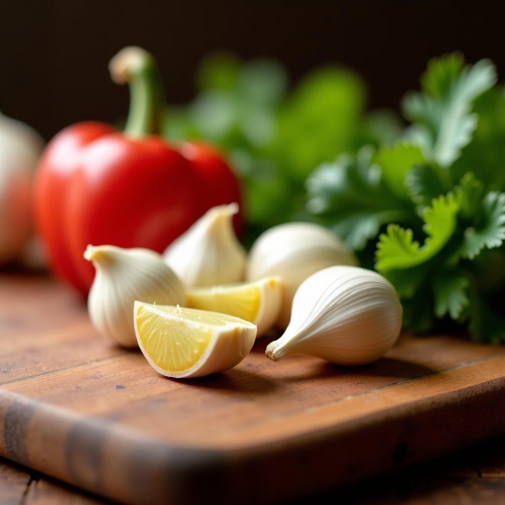 요리 중인 신선한 마늘과 채소들