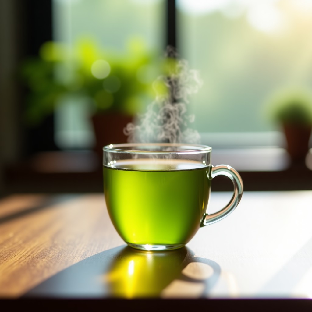 A glass cup of green tea on a wooden table, soft steam, blurred background, peaceful morning atmosphere, realistic photography, 4:3