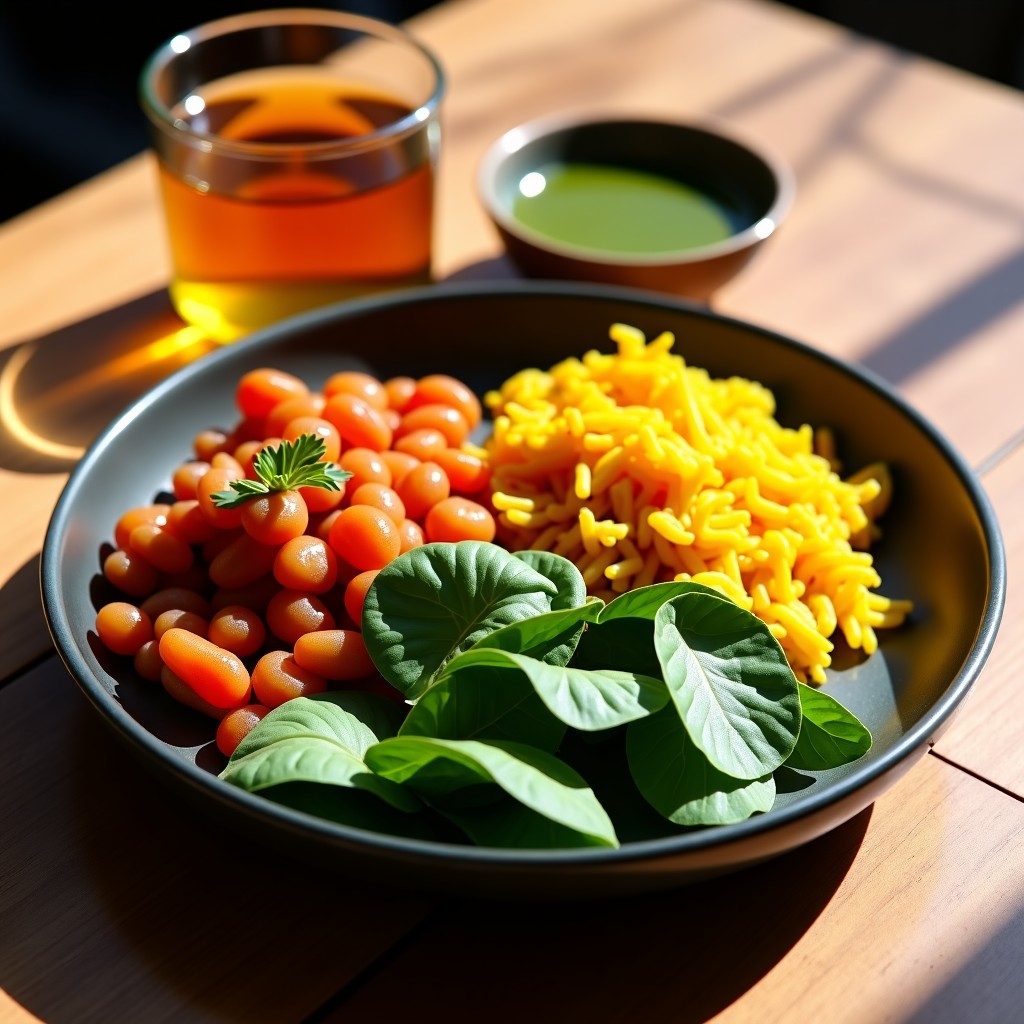 A healthy meal consisting of steamed vegetables, turmeric spiced dish, and a side of green tea, professional food photography, top view, warm sunlight, 4:3